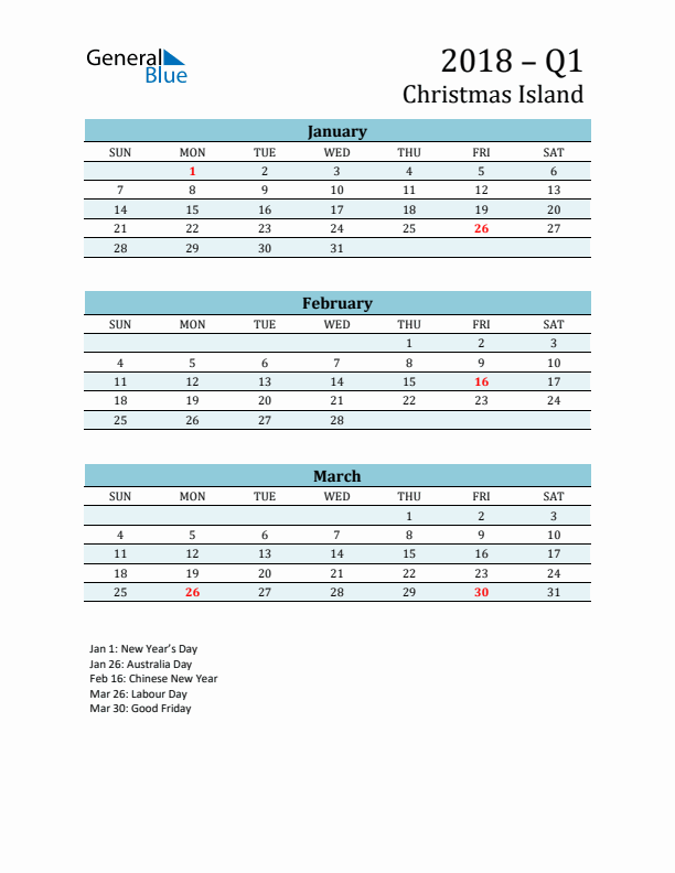 Three-Month Planner for Q1 2018 with Holidays - Christmas Island