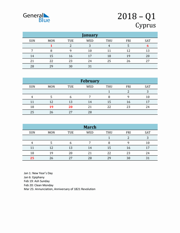 Three-Month Planner for Q1 2018 with Holidays - Cyprus