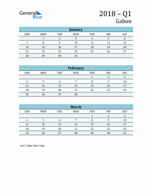 Three-Month Planner for Q1 2018 with Holidays - Gabon