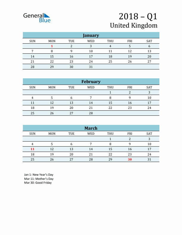 Three-Month Planner for Q1 2018 with Holidays - United Kingdom