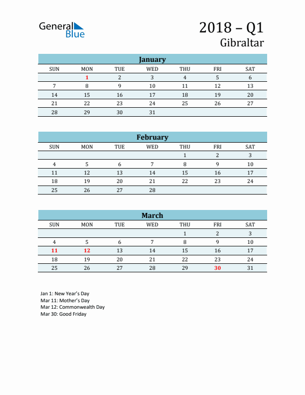 Three-Month Planner for Q1 2018 with Holidays - Gibraltar