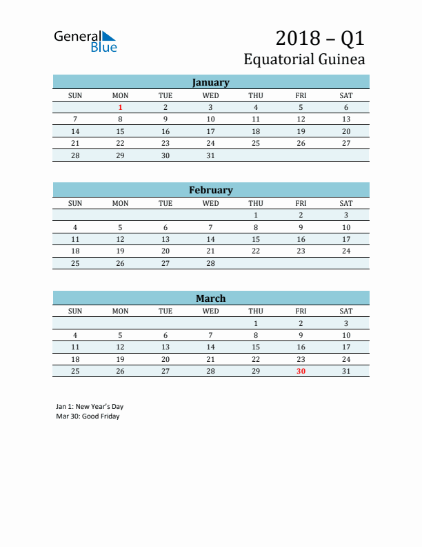 Three-Month Planner for Q1 2018 with Holidays - Equatorial Guinea