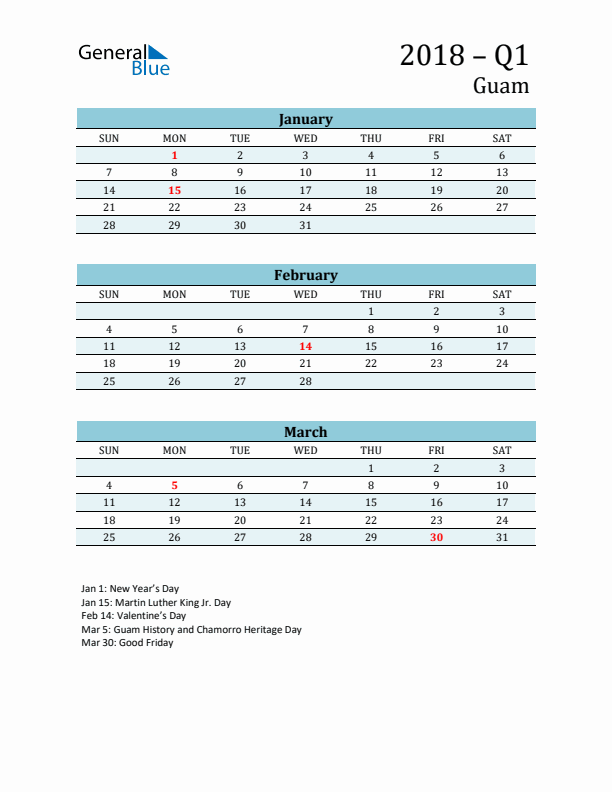 Three-Month Planner for Q1 2018 with Holidays - Guam