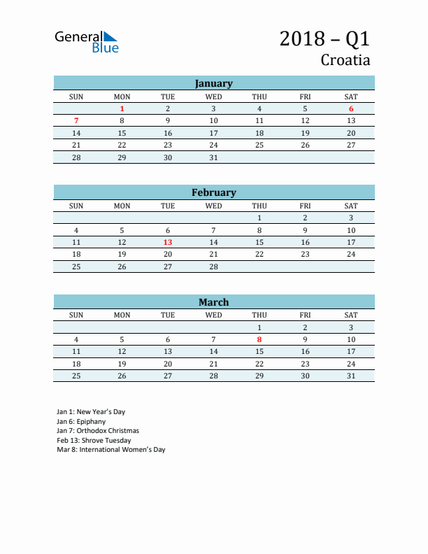 Three-Month Planner for Q1 2018 with Holidays - Croatia