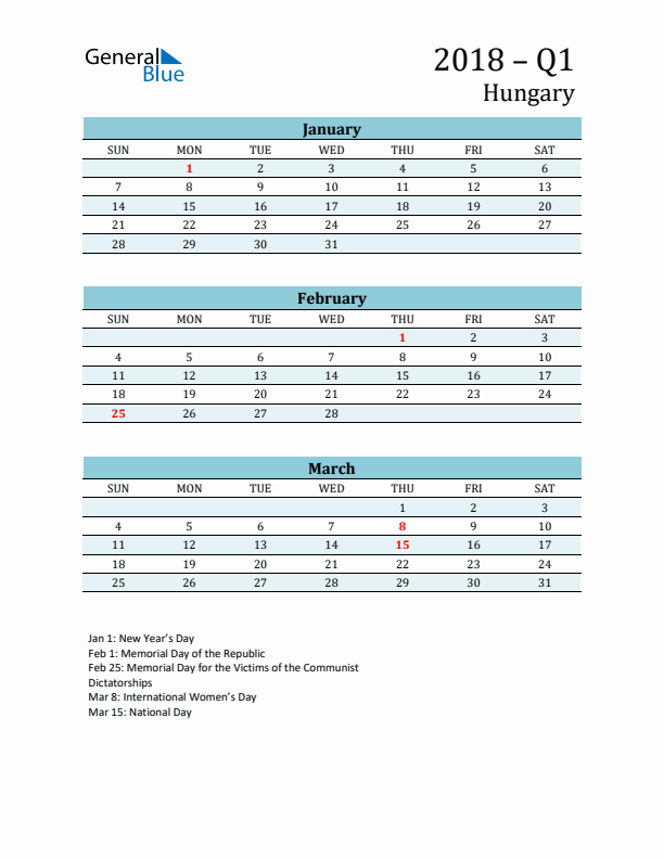 Three-Month Planner for Q1 2018 with Holidays - Hungary