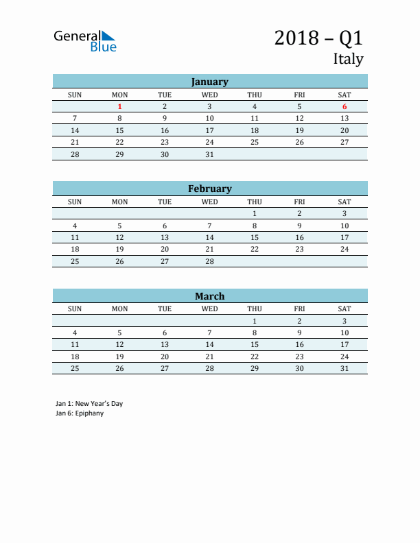 Three-Month Planner for Q1 2018 with Holidays - Italy