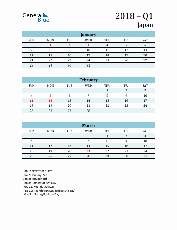 Three-Month Planner for Q1 2018 with Holidays - Japan