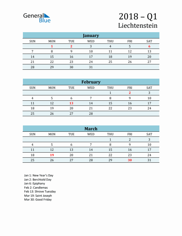 Three-Month Planner for Q1 2018 with Holidays - Liechtenstein