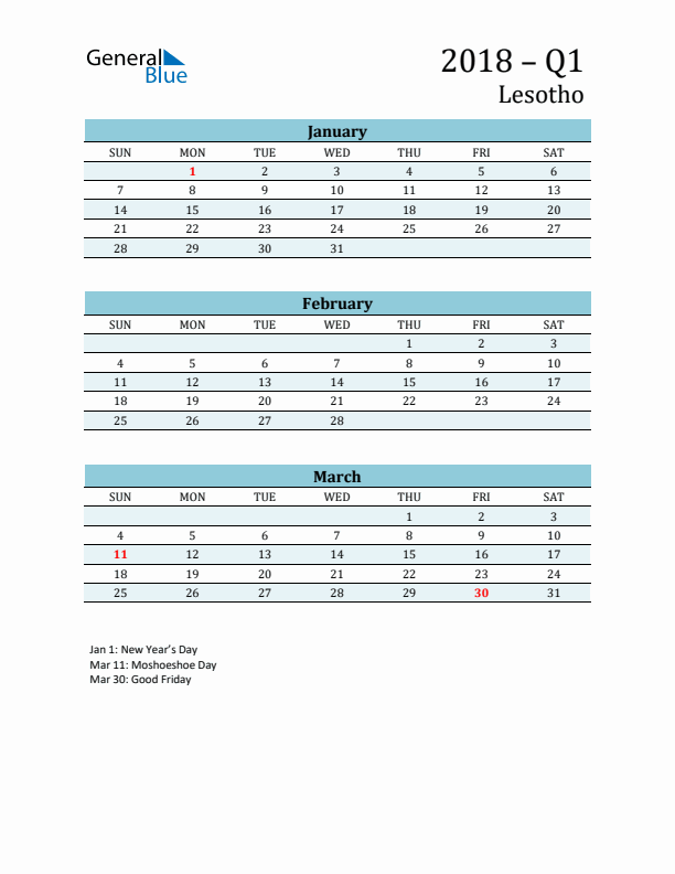 Three-Month Planner for Q1 2018 with Holidays - Lesotho