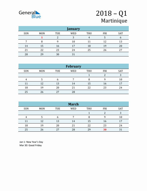 Three-Month Planner for Q1 2018 with Holidays - Martinique