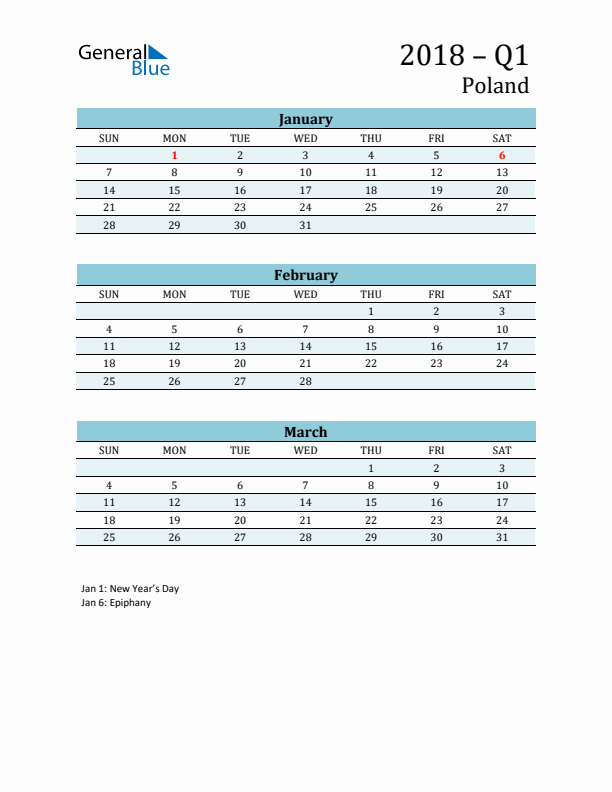 Three-Month Planner for Q1 2018 with Holidays - Poland