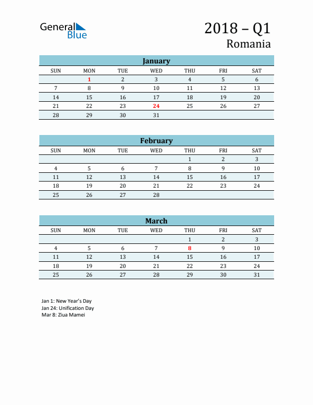 Three-Month Planner for Q1 2018 with Holidays - Romania