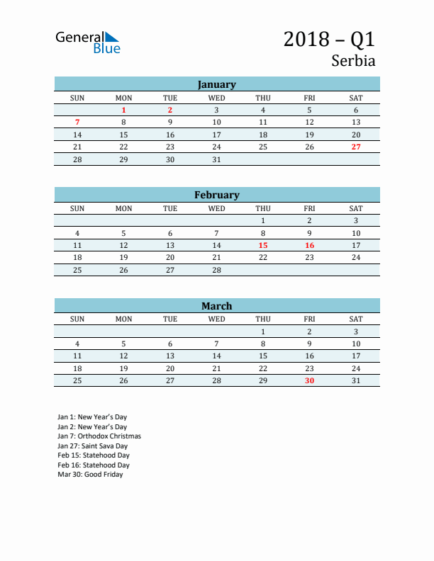 Three-Month Planner for Q1 2018 with Holidays - Serbia