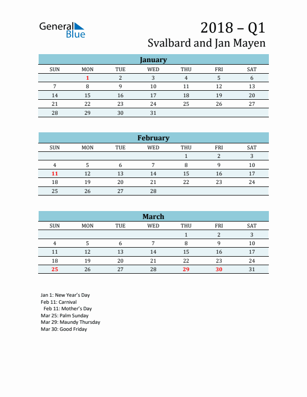 Three-Month Planner for Q1 2018 with Holidays - Svalbard and Jan Mayen