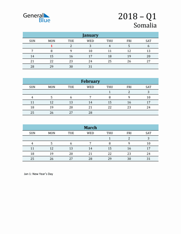 Three-Month Planner for Q1 2018 with Holidays - Somalia