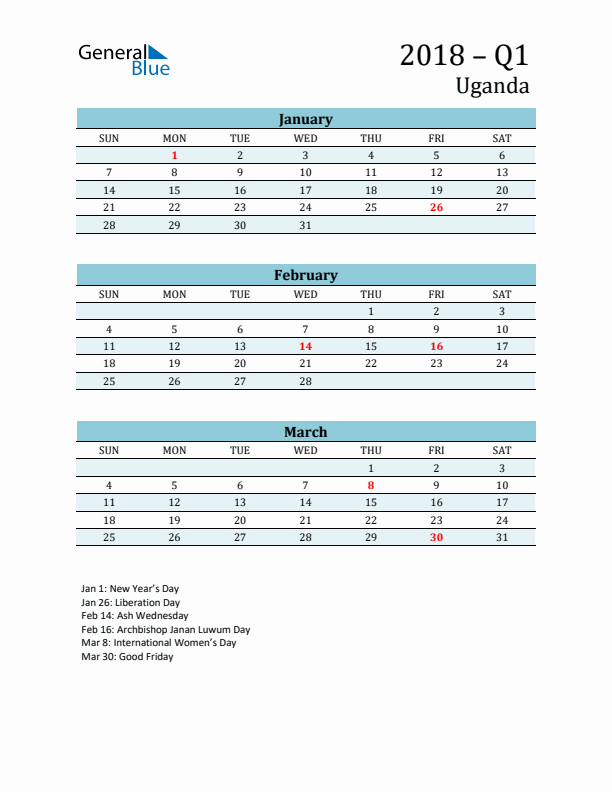 Three-Month Planner for Q1 2018 with Holidays - Uganda