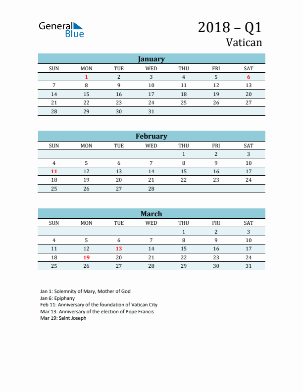 Three-Month Planner for Q1 2018 with Holidays - Vatican