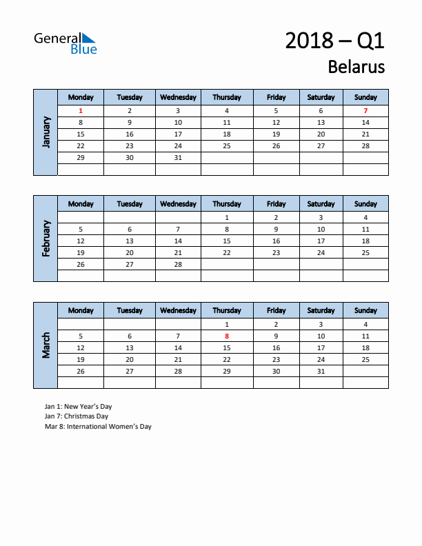 Free Q1 2018 Calendar for Belarus - Monday Start