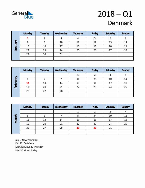 Free Q1 2018 Calendar for Denmark - Monday Start