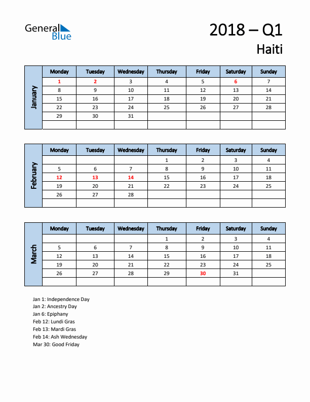 Free Q1 2018 Calendar for Haiti - Monday Start