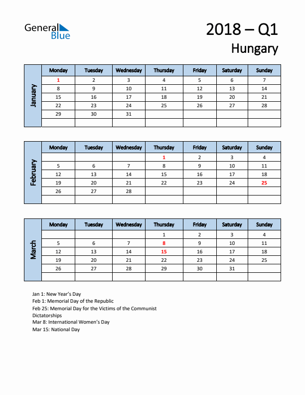 Free Q1 2018 Calendar for Hungary - Monday Start