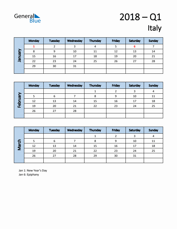 Free Q1 2018 Calendar for Italy - Monday Start