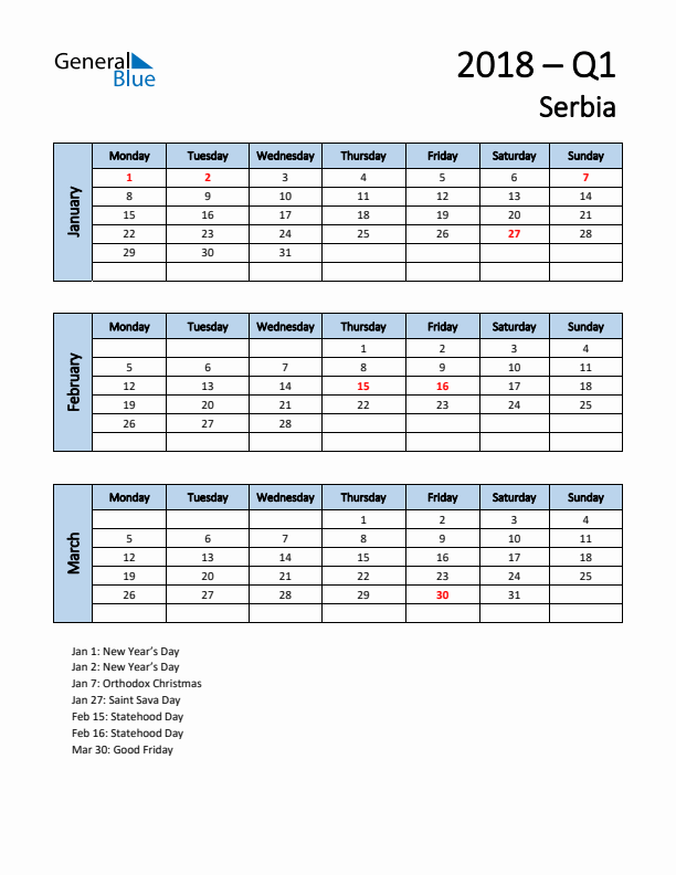 Free Q1 2018 Calendar for Serbia - Monday Start