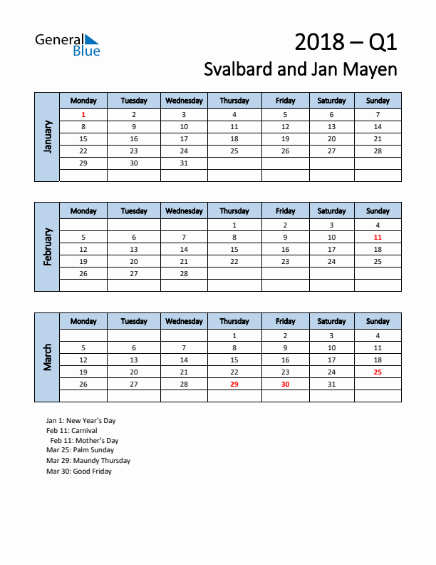 Free Q1 2018 Calendar for Svalbard and Jan Mayen - Monday Start