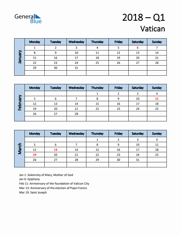 Free Q1 2018 Calendar for Vatican - Monday Start