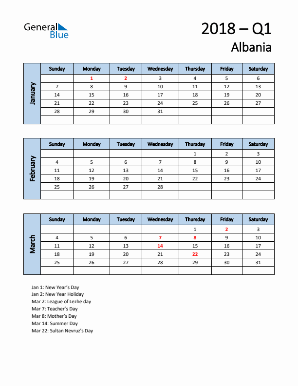 Free Q1 2018 Calendar for Albania - Sunday Start