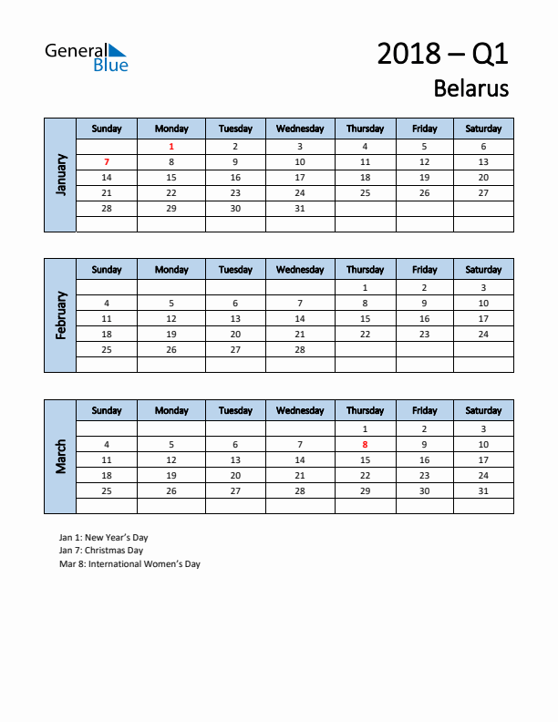 Free Q1 2018 Calendar for Belarus - Sunday Start