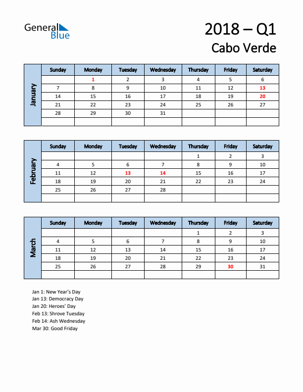 Free Q1 2018 Calendar for Cabo Verde - Sunday Start