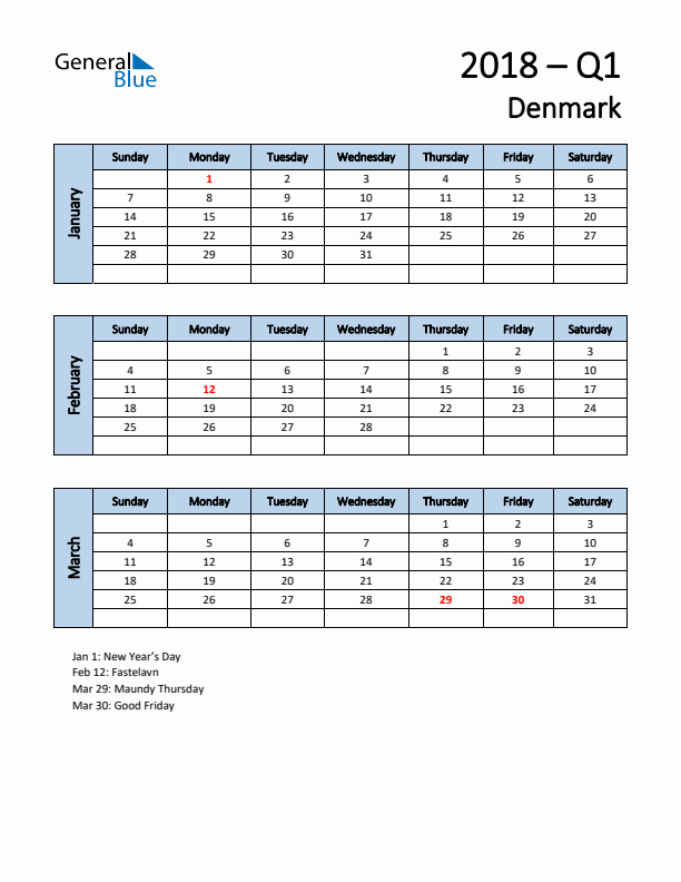 Free Q1 2018 Calendar for Denmark - Sunday Start