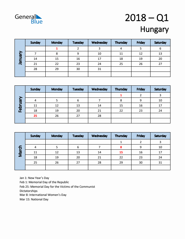 Free Q1 2018 Calendar for Hungary - Sunday Start