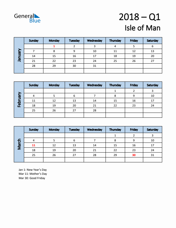 Free Q1 2018 Calendar for Isle of Man - Sunday Start