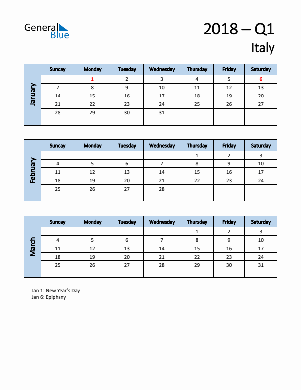 Free Q1 2018 Calendar for Italy - Sunday Start