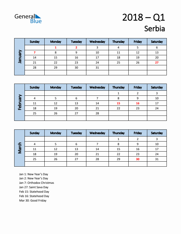 Free Q1 2018 Calendar for Serbia - Sunday Start