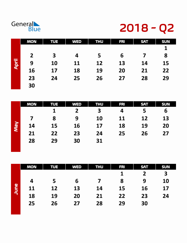 Editable Quarterly Calendar (Monday Start)