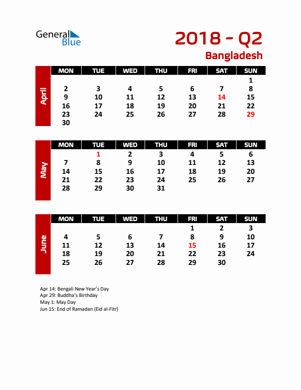 Q2 2018 Calendar with Holidays in Bangladesh