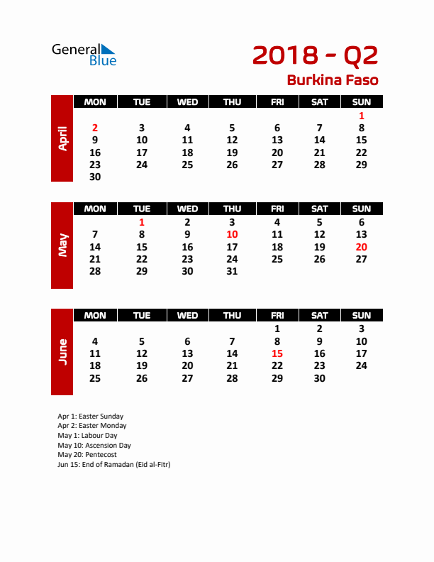 Q2 2018 Calendar with Holidays in Burkina Faso