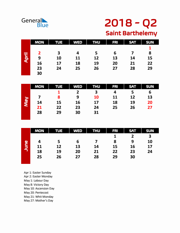 Q2 2018 Calendar with Holidays in Saint Barthelemy