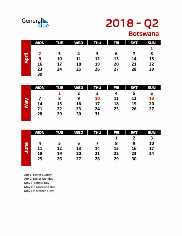 Q2 2018 Calendar with Holidays in Botswana