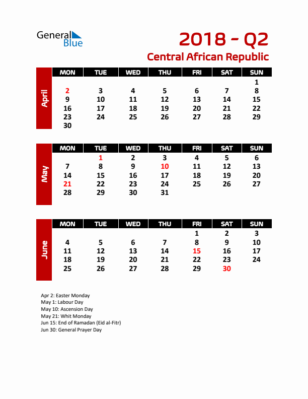 Q2 2018 Calendar with Holidays in Central African Republic