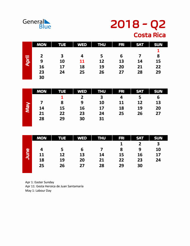 Q2 2018 Calendar with Holidays in Costa Rica