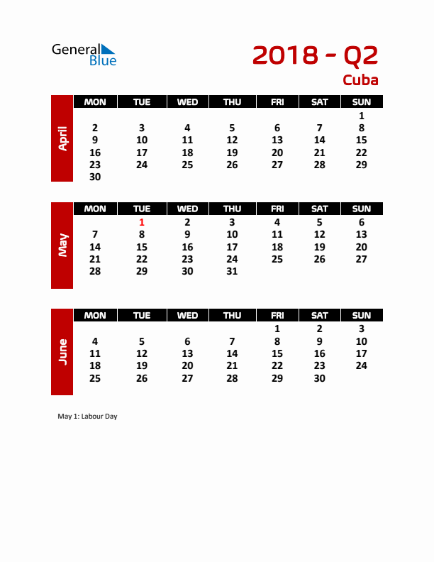 Q2 2018 Calendar with Holidays in Cuba