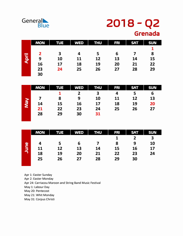 Q2 2018 Calendar with Holidays in Grenada