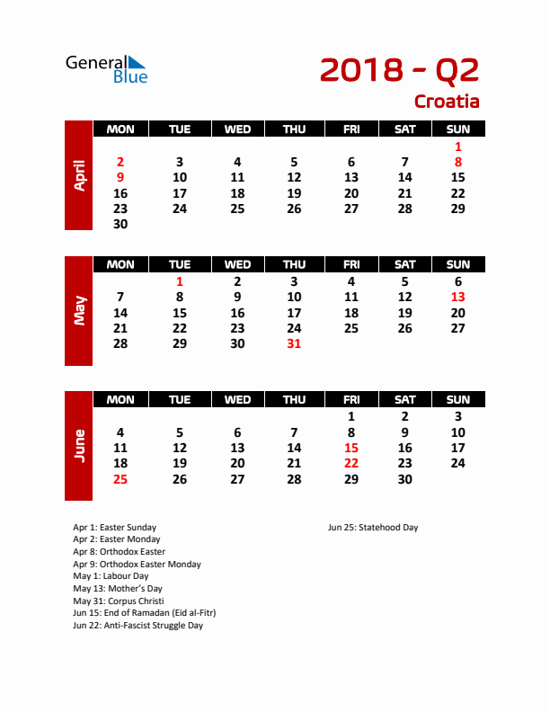 Q2 2018 Calendar with Holidays in Croatia