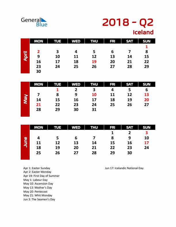 Q2 2018 Calendar with Holidays in Iceland