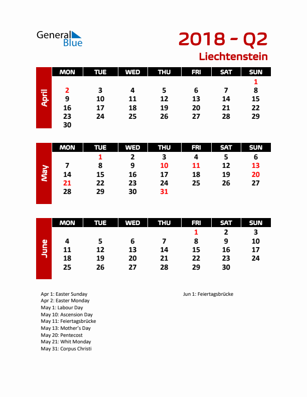 Q2 2018 Calendar with Holidays in Liechtenstein