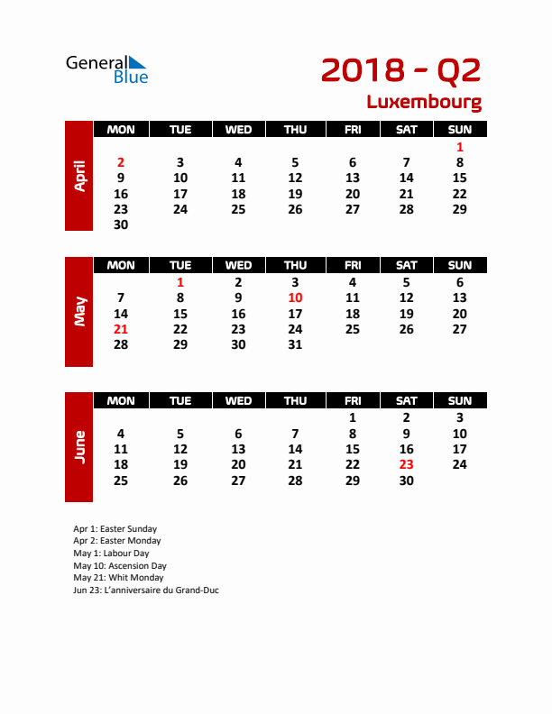 Q2 2018 Calendar with Holidays in Luxembourg